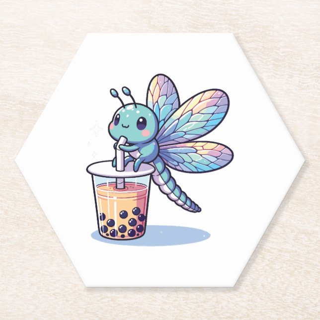 Posavasos De Papel Kawaii Dragonflies Bubble Tea Boba Dragonfly (Anverso)