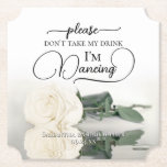 Posavasos De Papel La rosa blanca elegante no tome mi Boda de bebida<br><div class="desc">¡Esta montaña rusa boda es elegante, elegante y divertida! En él se ve una foto de un solo rosa de marfil de tallo largo, blanco o crema, que se encuentra en un estanque de agua. El texto dice "Por favor, no tomen mi bebida, estoy bailando" escrito con letras modernas de...</div>