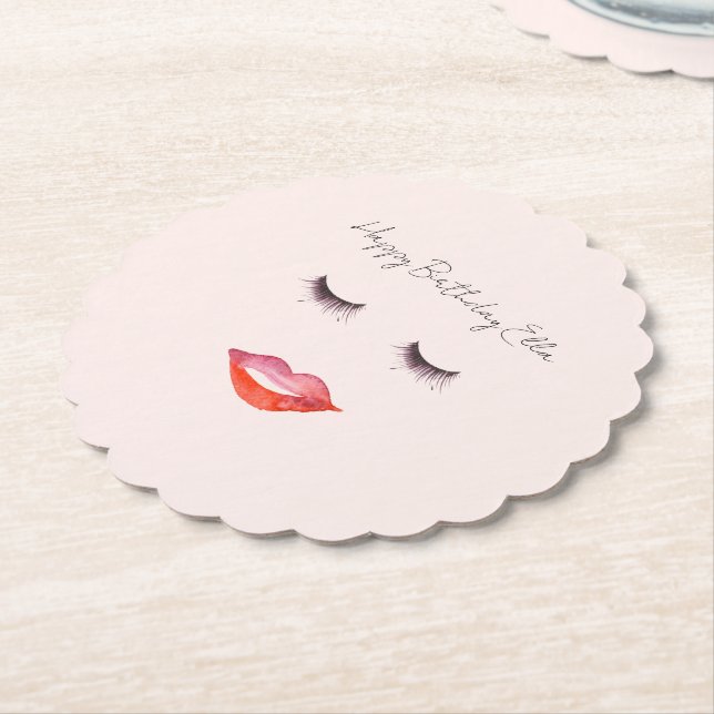 Posavasos De Papel Labios Rosados y Pestañas Cumpleaños (En perspectiva)