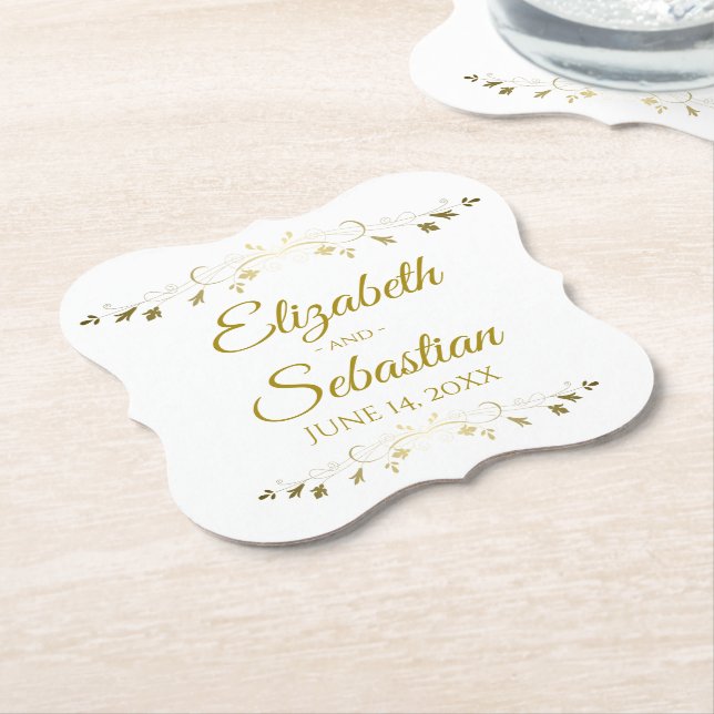 Posavasos De Papel Lacy Gold Filigree Elegant Simple Classic Wedding (En perspectiva)