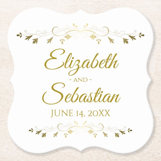 Posavasos De Papel Lacy Gold Filigree Elegant Simple Classic Wedding (Anverso)
