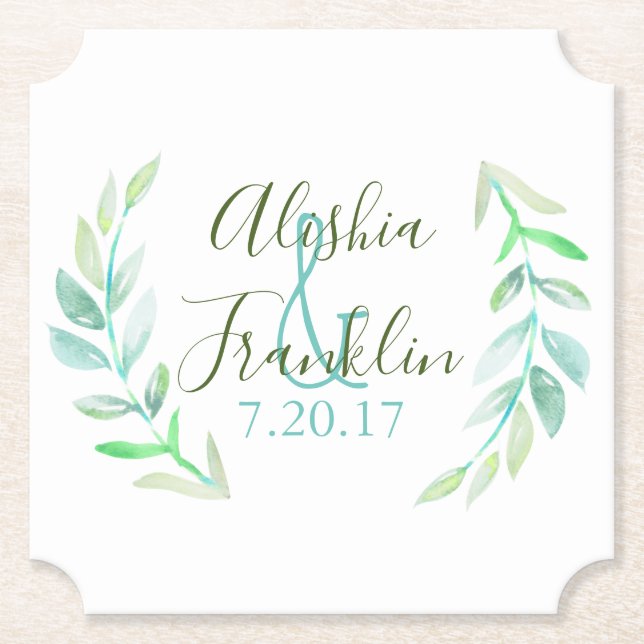 Posavasos De Papel Laureles de acuarela Novia & Groom Fecha Boda (Anverso)
