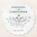 Posavasos De Papel Lavanda rústica y Boda de Bouquet Eucalyptus<br><div class="desc">Estas hermosas galerías de papel le darán un toque especial a su recepción, cena de ensayo u otras celebraciones de bodas. Cuentan con un diseño acuático pintado a mano con sus nombres y la fecha boda sobre un fondo azul polvoriento de mármol con un bonito ramo de flores de lavanda...</div>