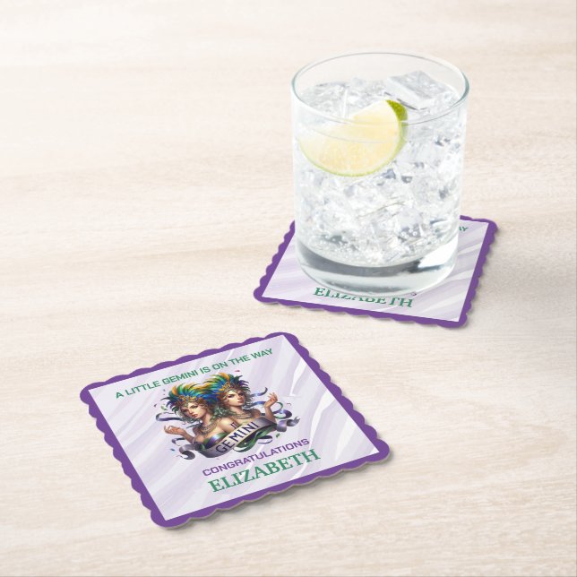 Posavasos De Papel Lavender and Green Gemini Zodiac Baby Shower (In situ)