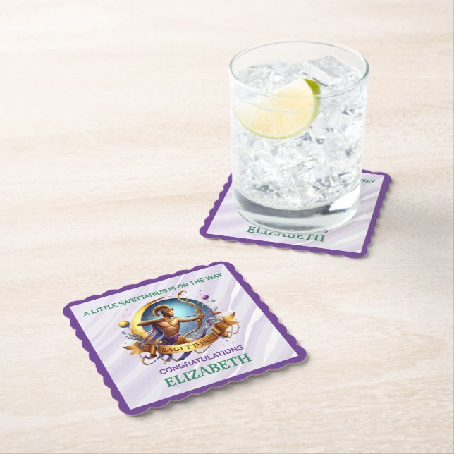 Posavasos De Papel Lavender and Green Sagittarius Zodiac Baby Shower (In situ)