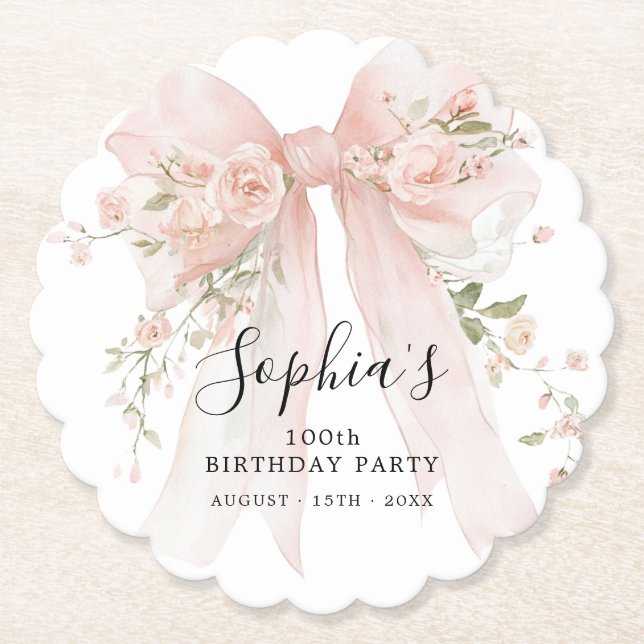 Posavasos De Papel Lazo rosa para cumpleaños número 100 con rosas (Anverso)