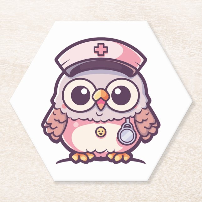 Posavasos De Papel Lechuza Kawaii como enfermera (Anverso)