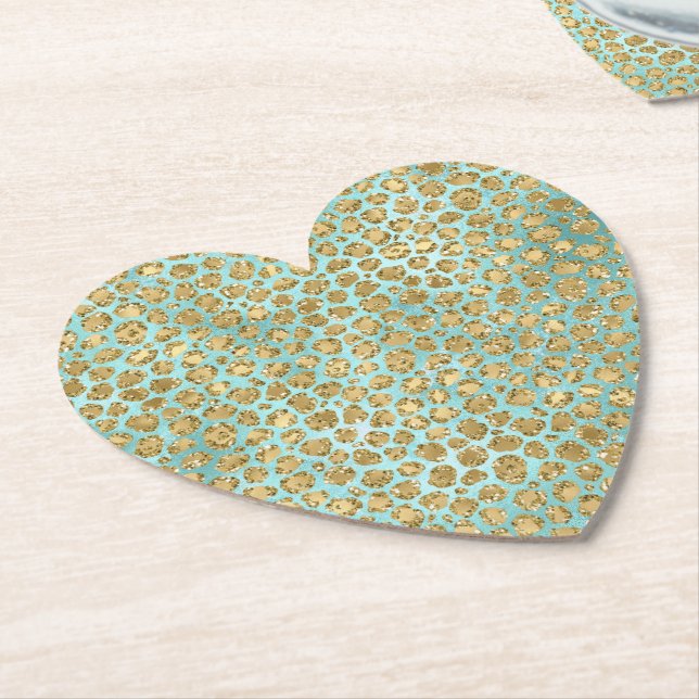 Posavasos De Papel Leopardo Purpurina Aqua Mint Gold Glitz (En perspectiva)