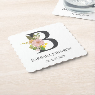 Posavasos De Papel Letra B de monograma floral Nombre y fecha persona