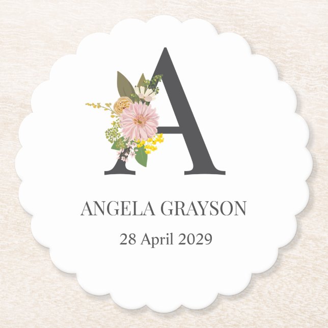 Posavasos De Papel Letra de monograma floral A Nombre personalizado y (Anverso)