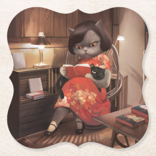 Posavasos De Papel Leyendo gato en Cheongsam