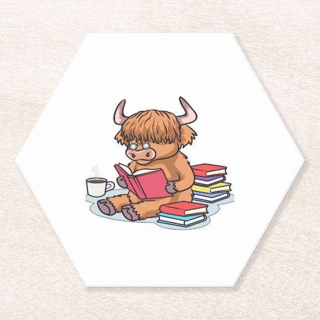 Posavasos De Papel Libros de lectura de vacas en el bosque de Highlan (Anverso)
