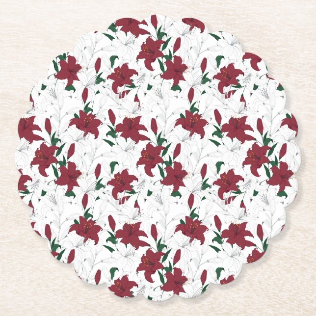 Posavasos De Papel Lilies de Navidades rojos y blancos (Anverso)