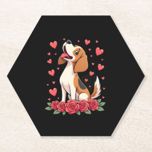 Posavasos De Papel Lindo Beagle con Corazones de Rosas Rojas Florales