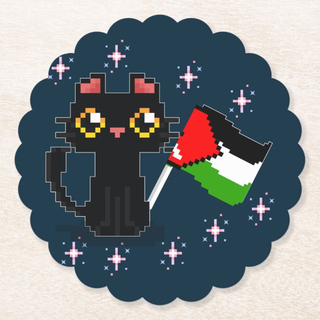Posavasos De Papel lindo gato negro sostiene bandera palestina (Anverso)