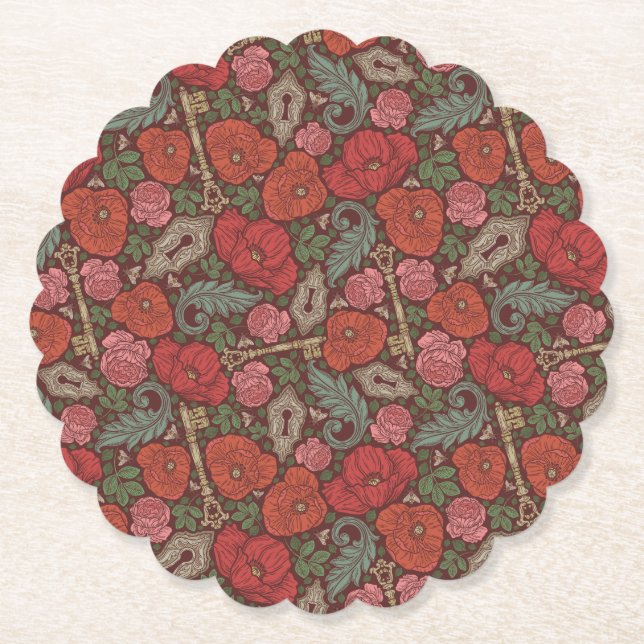 Posavasos De Papel Llave Antigua Victoriana Steampunk Amapolas Rojas (Anverso)