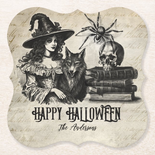Posavasos De Papel Lobo gótico con cráneo de bruja de Halloween (Anverso)