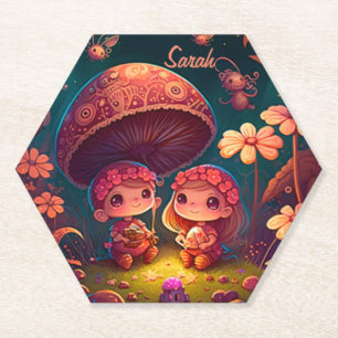 Posavasos De Papel Los adorables elfos juegan bajo hongos