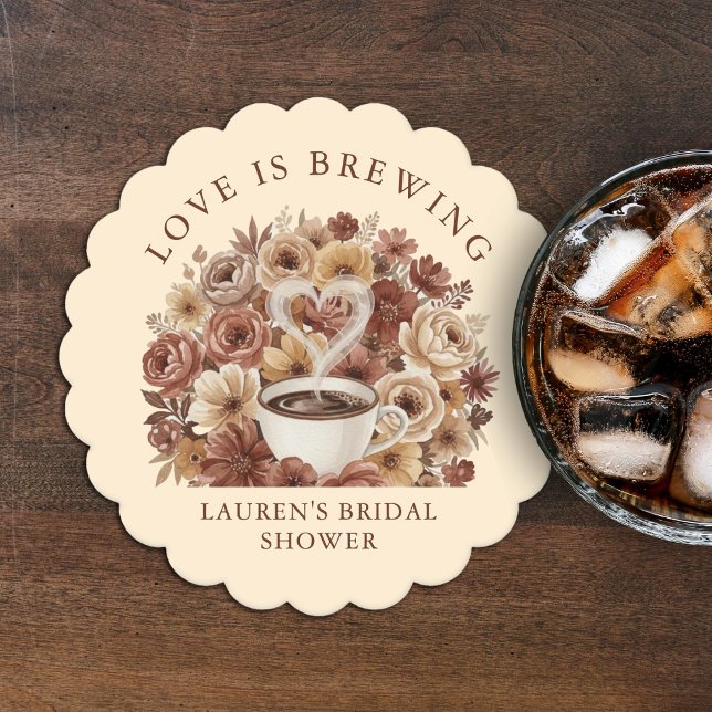 Posavasos De Papel Love is Brewing Brown Floral Coffee Heart Bridal (Love is Brewing Brown Floral Coffee Heart Bridal Paper Coaster
)