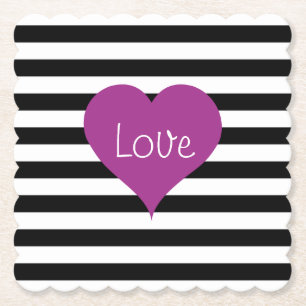 Posavasos De Papel LOVE Pink Heart Black & White Stripes Pattern