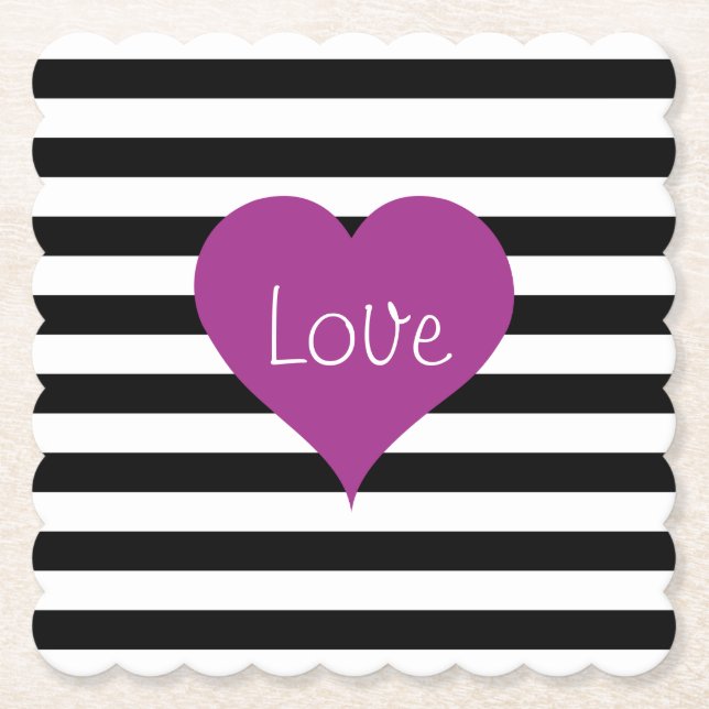 Posavasos De Papel LOVE Pink Heart Black & White Stripes Pattern (Anverso)