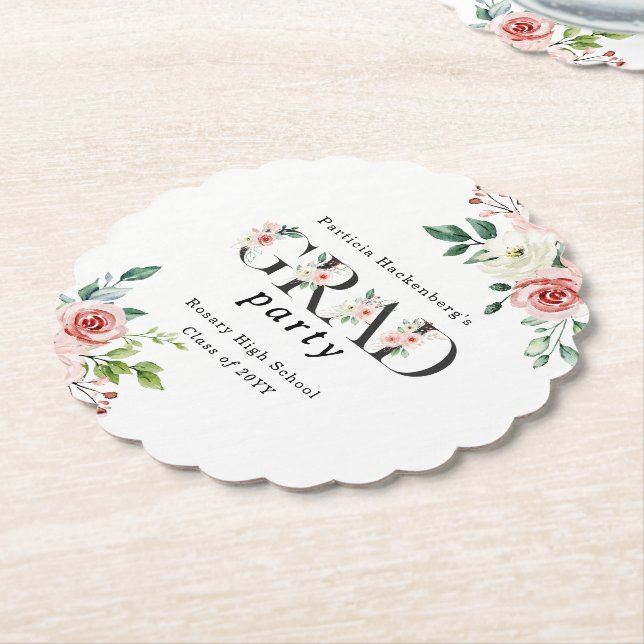 Posavasos De Papel Lovely Pink Floral GRAD Custom Party  (En perspectiva)