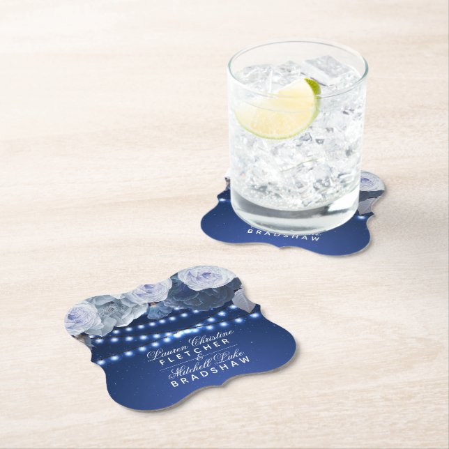 Posavasos De Papel Luces de cuerdas Boda elegante azul personalizada (In situ)