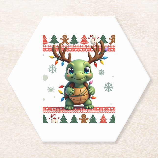 Posavasos De Papel Luces de estilo de suéter feo de Navidad Tortuga d (Anverso)
