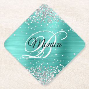 Posavasos De Papel Lujo Turquesa Monograma Brillante Diamante