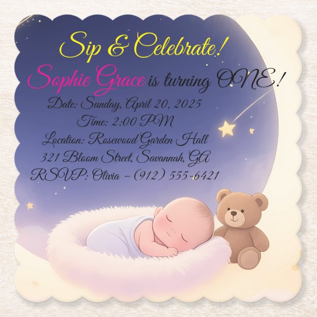 Posavasos De Papel Magical Moon 1er cumpleaños Keepsake Invitación (Anverso)
