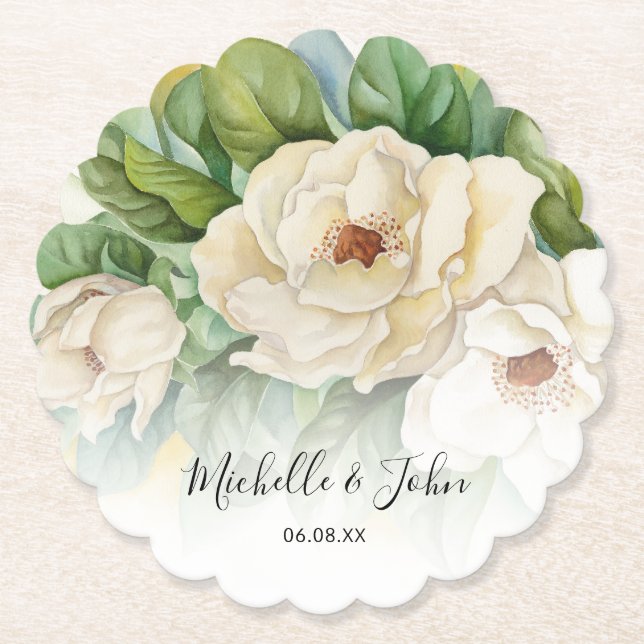 Posavasos De Papel Magnolia blanca floral elegante nombres Boda guión (Anverso)