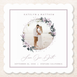 Posavasos De Papel Magnolia Floral & Mauve Circle Photo Save the Date