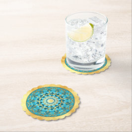 Posavasos De Papel Mandalá azul dorado sobre fondo de oro suave