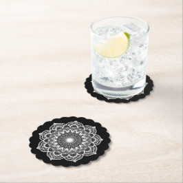 Posavasos De Papel Mandala Blanco sobre Fondo Negro