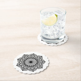 Posavasos De Papel Mandalá negro sobre fondo blanco