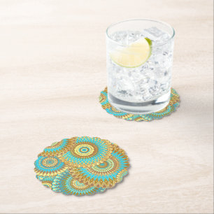 Posavasos De Papel Mándala superpuesto azul marrón dorado