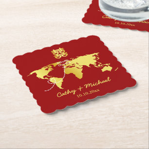 Posavasos De Papel Mapa de destino rojo y dorado boda china