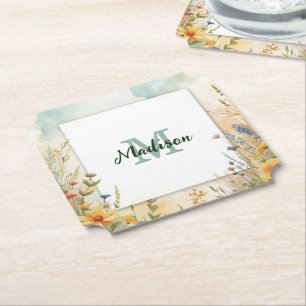 Posavasos De Papel Marco de monograma de flor silvestre de flor de pr