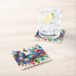 Posavasos De Papel Mariposa acuarela Flores Florales Rosa Azul