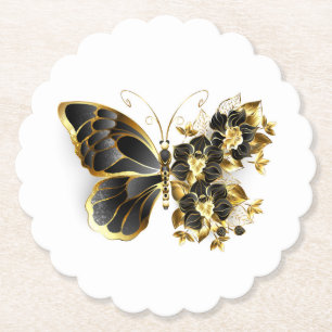 Posavasos De Papel Mariposa de flor de oro con orquídea negra