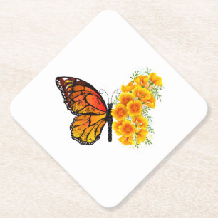 Posavasos De Papel Mariposa de flores con amapola amarilla de Califor