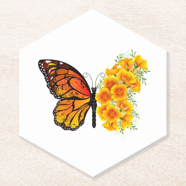 Posavasos De Papel Mariposa de flores con amapola amarilla de Califor (Anverso)