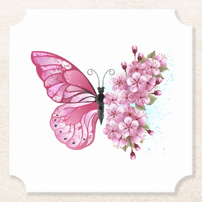 Posavasos De Papel Mariposa de flores con Sakura rosa (Anverso)