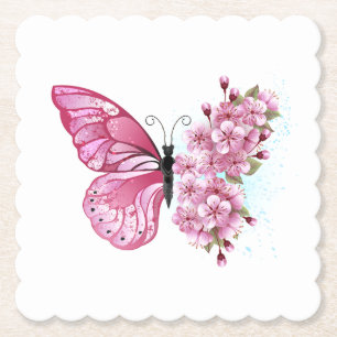 Posavasos De Papel Mariposa de flores con Sakura rosa