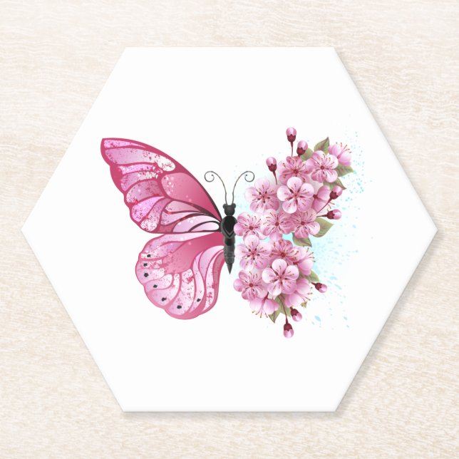 Posavasos De Papel Mariposa de flores con Sakura rosa (Anverso)