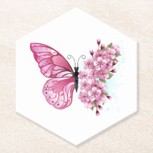Posavasos De Papel Mariposa de flores con Sakura rosa