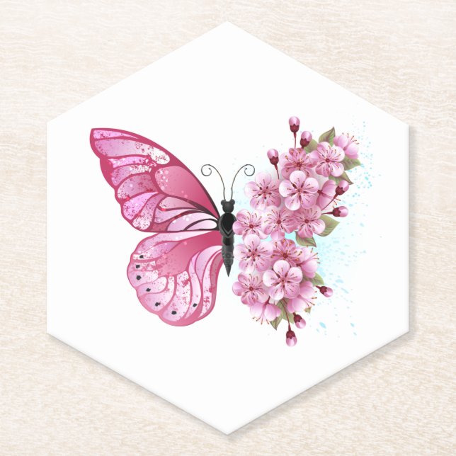 Posavasos De Papel Mariposa de flores con Sakura rosa (Anverso)