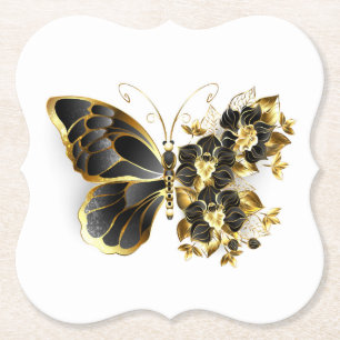 Posavasos De Papel Mariposa de flores de oro con orquídea negra