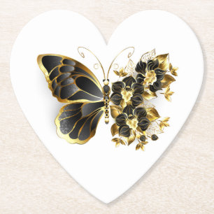 Posavasos De Papel Mariposa de flores de oro con orquídea negra