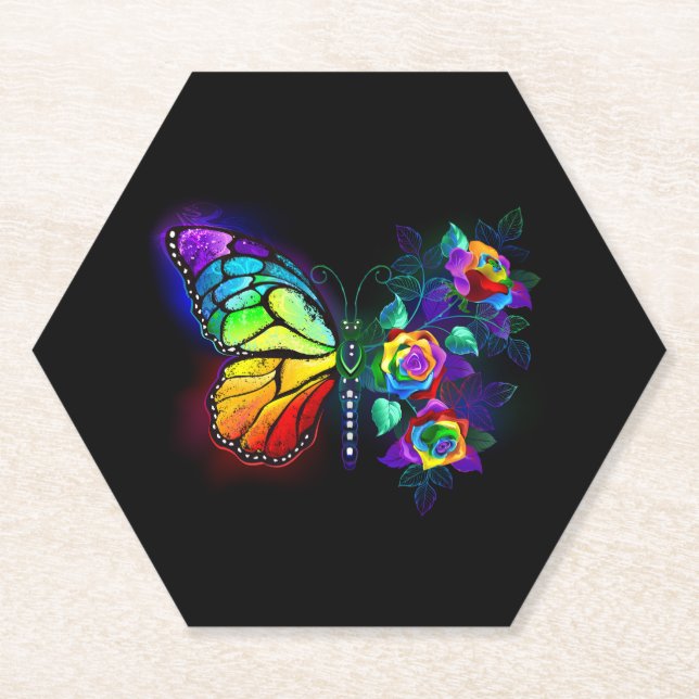 Posavasos De Papel Mariposa florida arcoiris (Anverso)